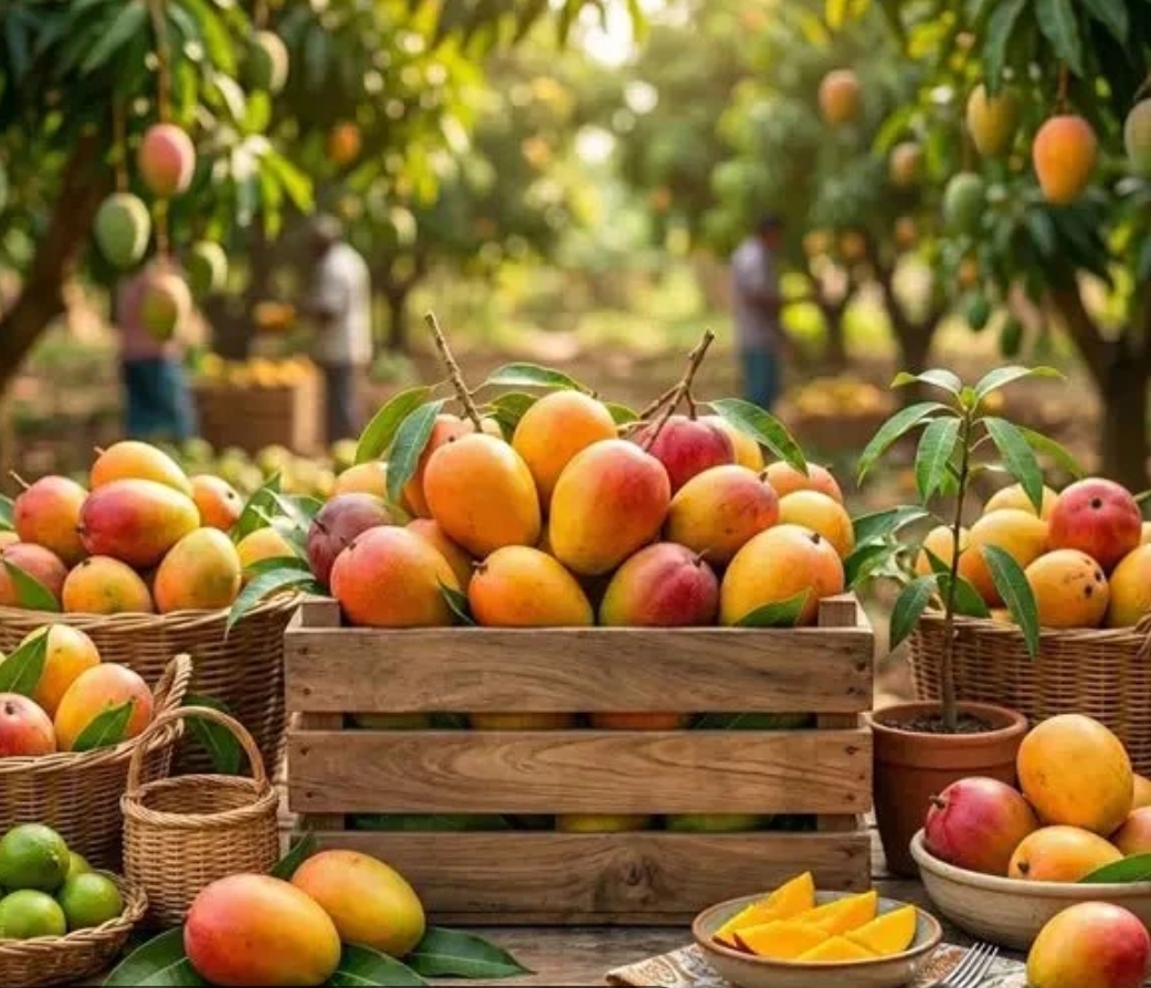 Fresh mangoes in baskets and crates at the Rent your Mango orchard